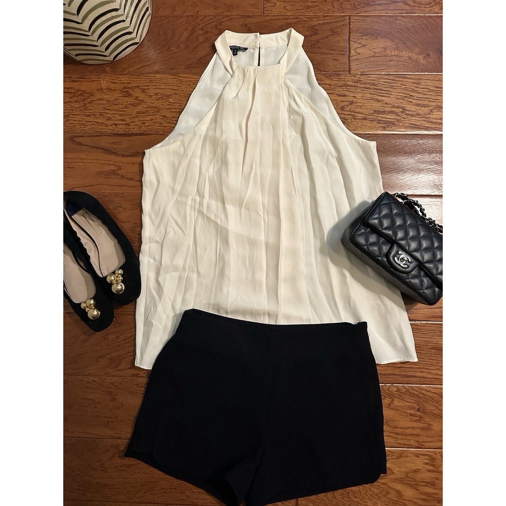 Lafayette 148 New York 100% Silk Halter Top Ivory Satin Pleated Blouse Medium